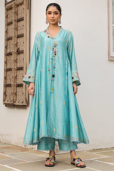 Blue 3D floral embroidered kalidar kurta set