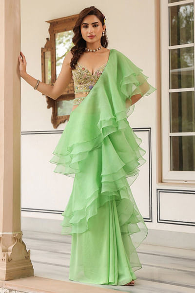 Mint green pre-draped ruffle sari set