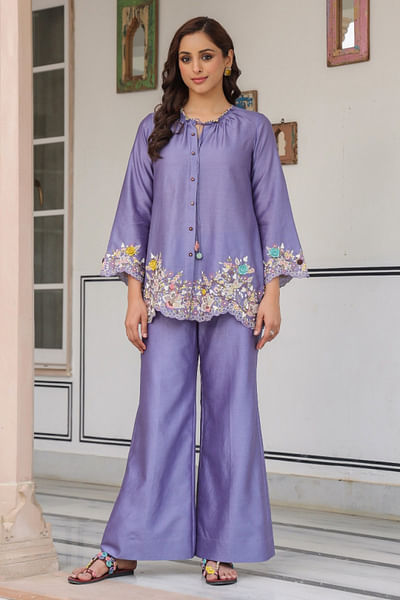 Lilac 3D floral embroidery co-ord set