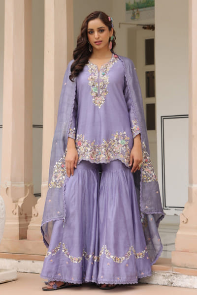 Lilac 3D floral thread embroidered sharara set