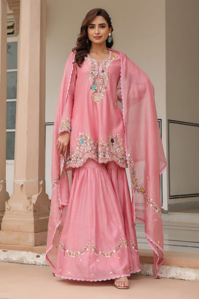 Pink 3D floral thread embroidered sharara set