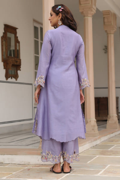 Niti Bothra Lilac 3D floral embroidered scallop kurta set NITMAR25D120648