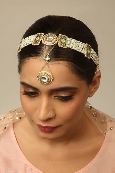Joules by Radhika White and green embellished sheesh patti JOULAUG26D453116