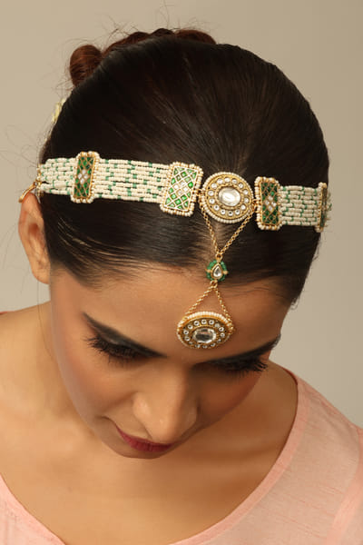 Joules by Radhika White and green embellished sheesh patti JOULAUG26D453116