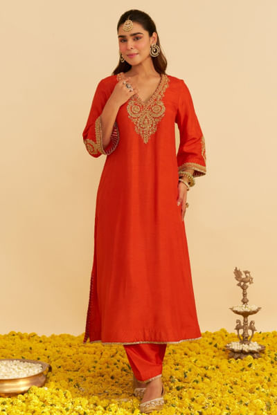 Burnt orange embroidered kaftan set