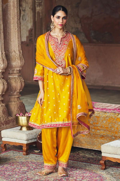 Mustard gota embroidered choga set