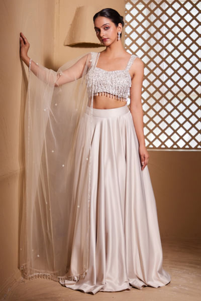 Silver satin lehenga set