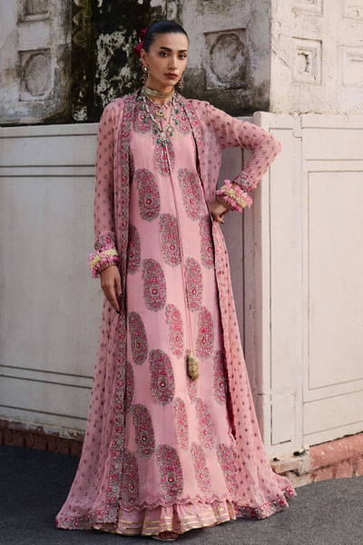 Pink paisley embroidered jacket kurta set