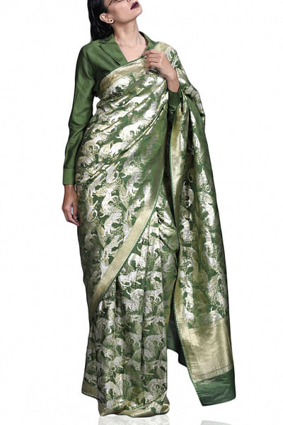 Forest green brocade sari set