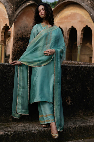 Sage green embroidered kurta set