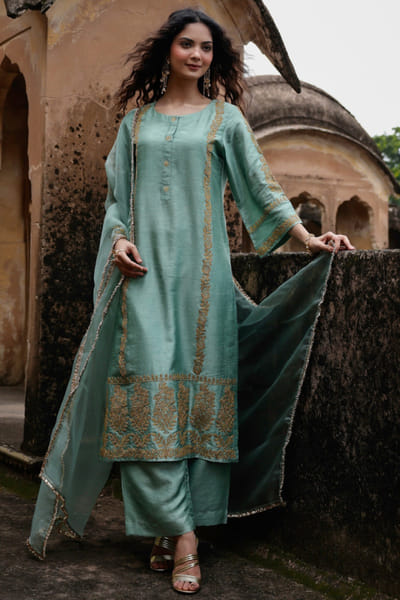 Sage green dori embroidered kurta set