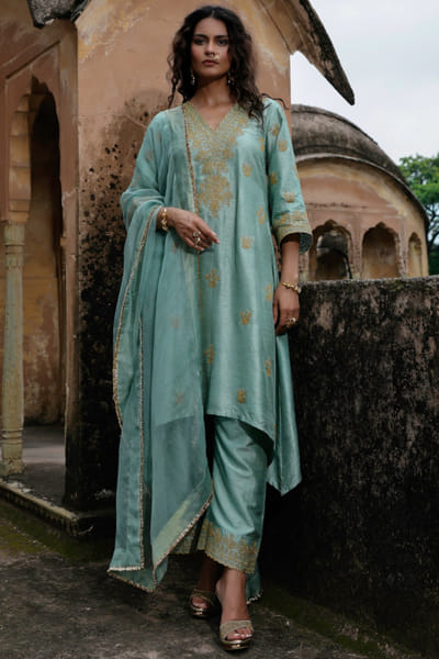 Sage green dori embellished kurta set