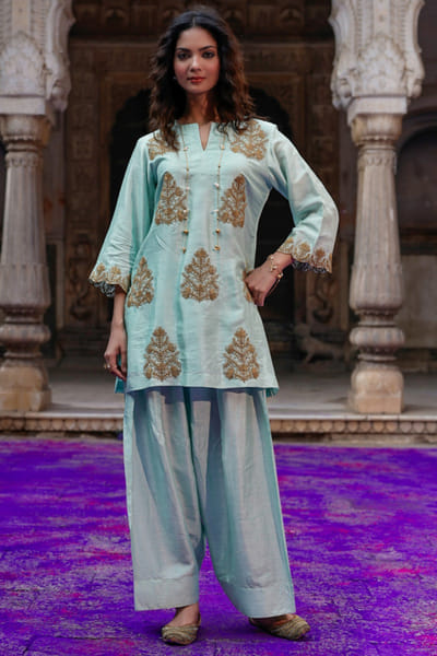 Sage green embroidered kurta and farshi set