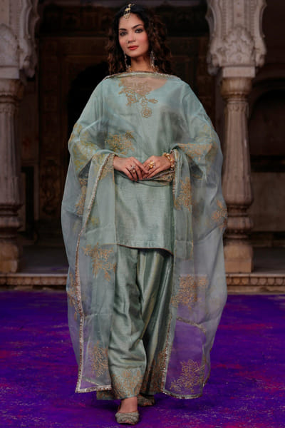 Sage green dori embroidered kurta and farshi set