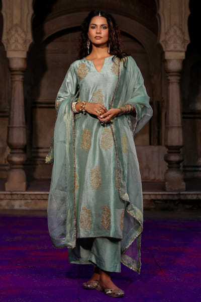 Sage green embroidered raw silk kurta set