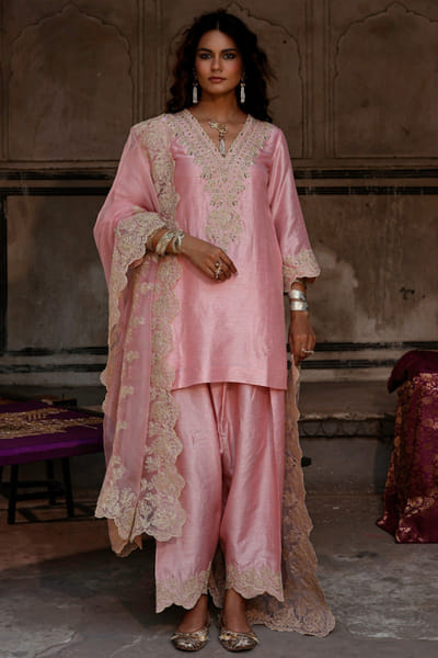 Rose pink dori embroidery kurta and farshi set
