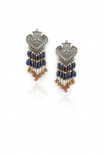 Silver stone embellished tassel earrings