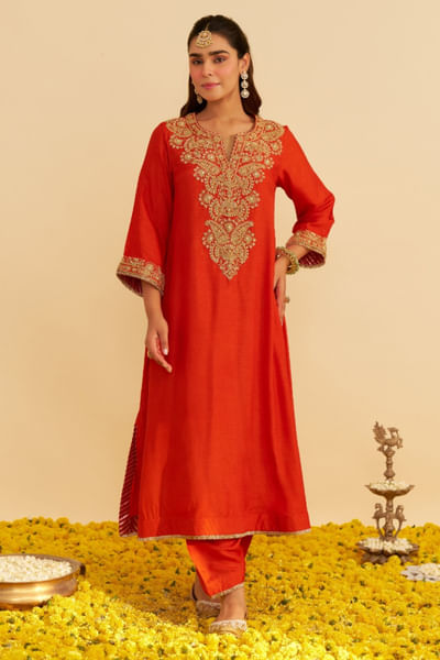 Burnt orange pearl embroidery kaftan set
