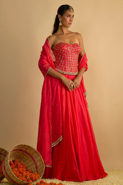 Crimson blush chiffon lehenga set