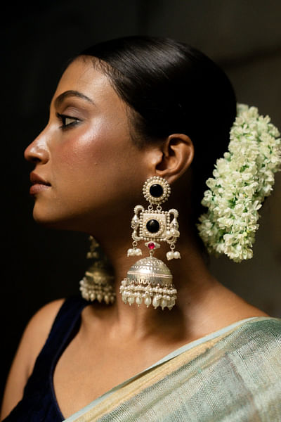 Silver stone embellished jhumkas