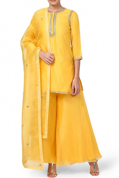 Yellow embroidered short kurta gharara set