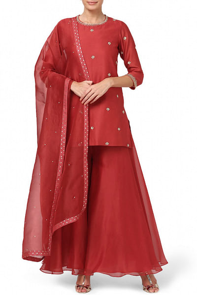 Red embellished short kurta and gharara set