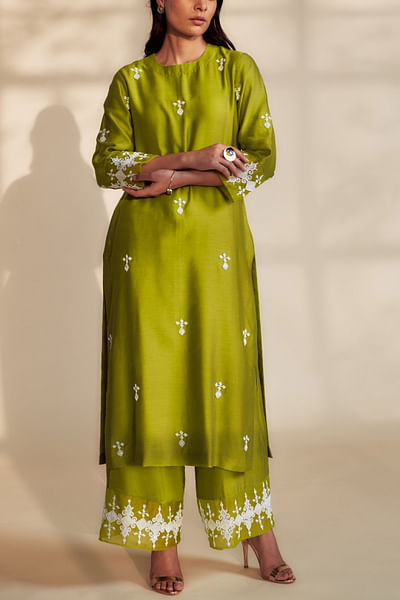 Green embroidered kurta set