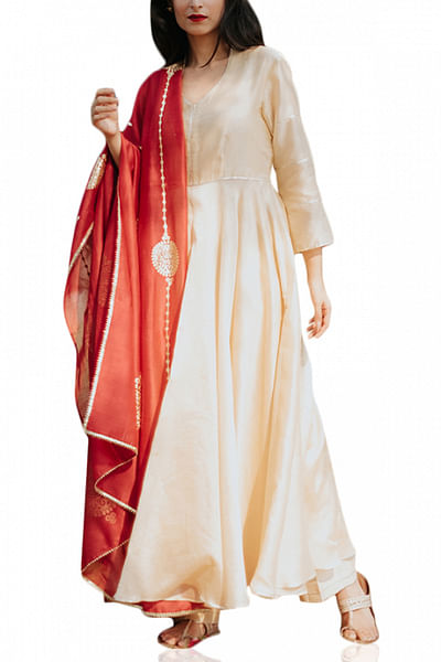 Beige and red embroidered kurta set
