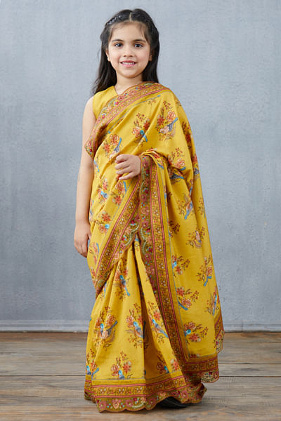 Yellow printed chanderi sari set