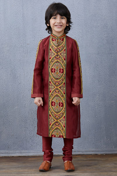 Maroon embroidered chanderi kurta set