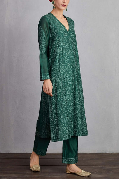 Bottle green chanderi kurta set