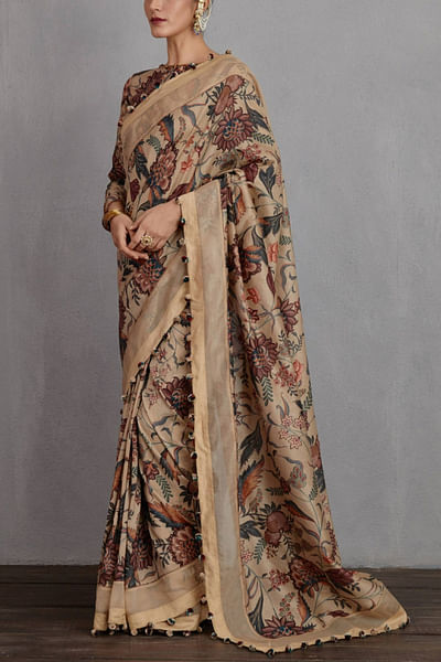 Beige printed chanderi sari
