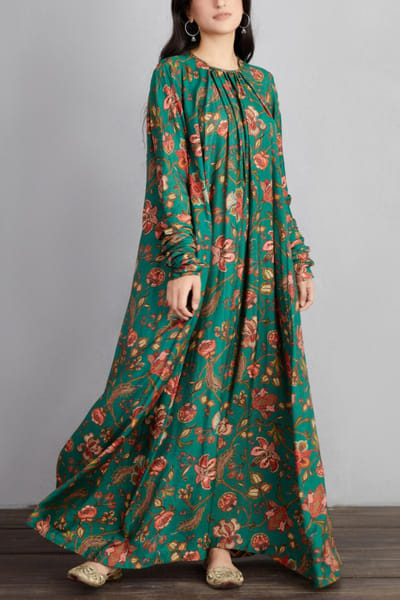 Bottle green printed maxi dress