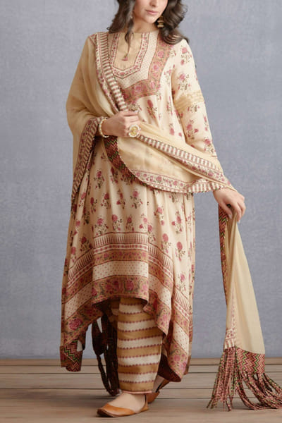 Beige printed A-line kurta set