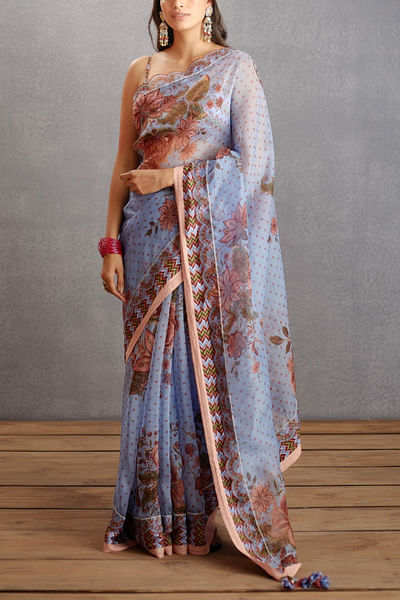Sea blue printed sari set