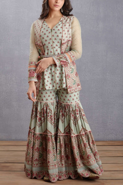 Sage green printed sharara set