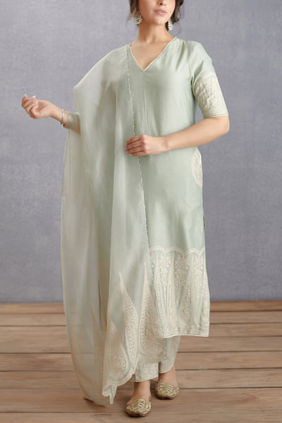 Sage green embroidered kurta set