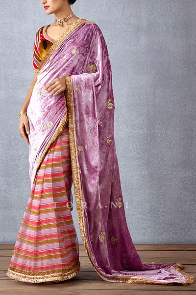 Stripe print half and half sari set
