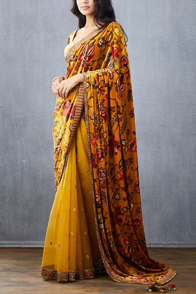 Mustard yellow silk velvet sari