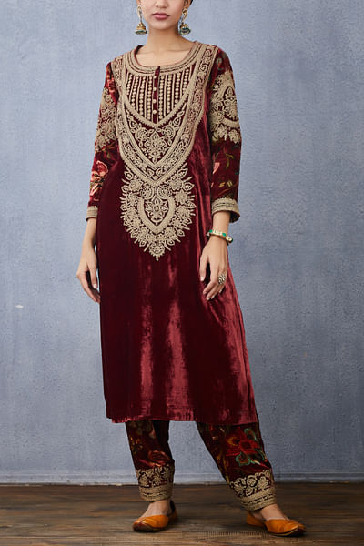 Red embroidered silk velvet kurta