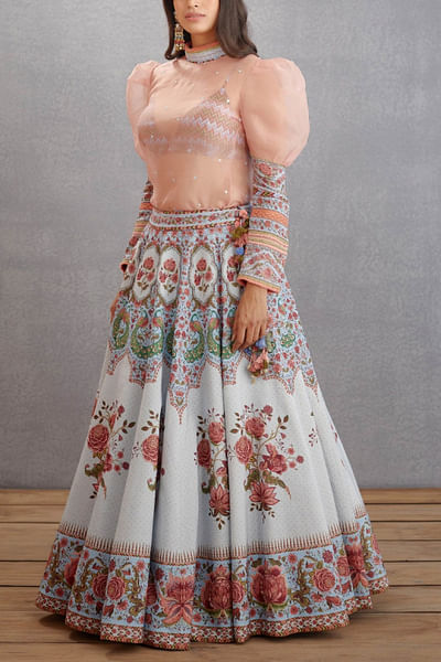 Sea blue printed lehenga and top