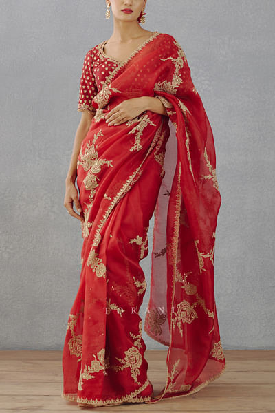 Red embroidered silk organza sari