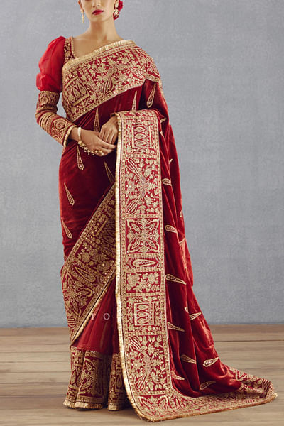 Red silk velvet sari