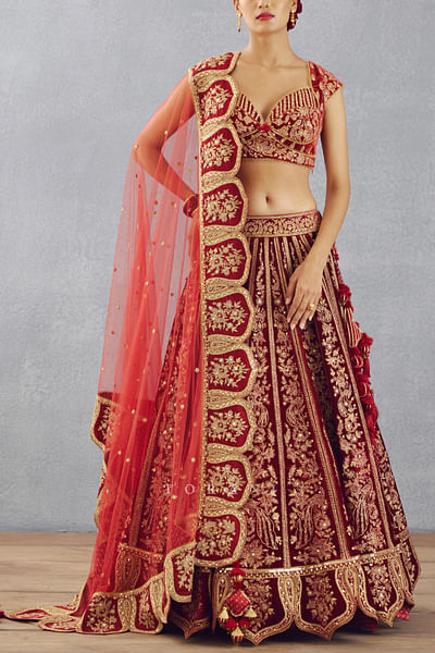Red embroidered silk velvet lehenga set