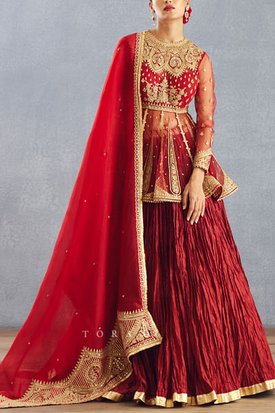 Red crushed chanderi lehenga set