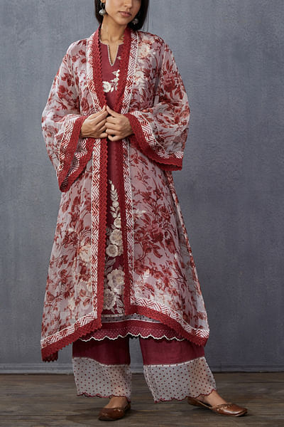 Red printed organza cape