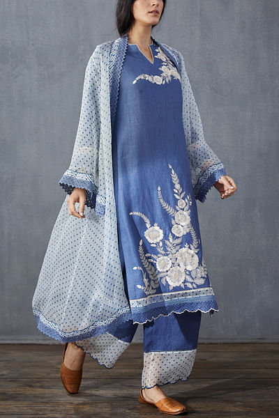 Blue printed organza cape