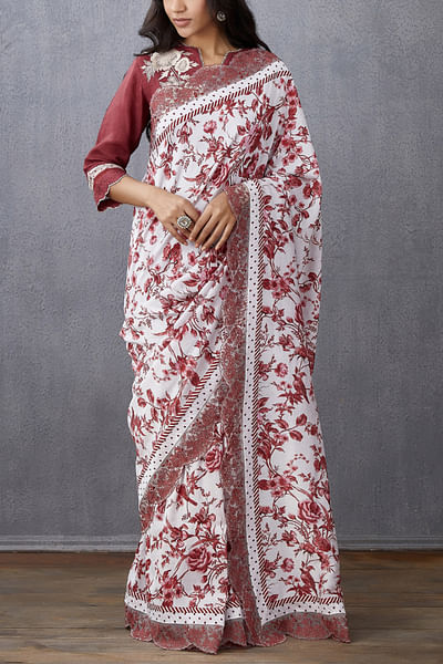 Red and white printed sari