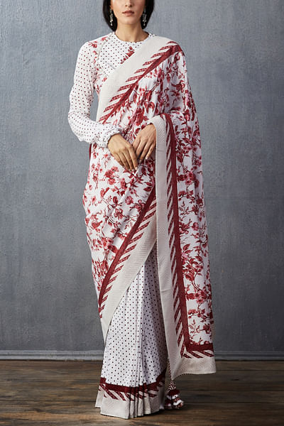 White and red printed sari set