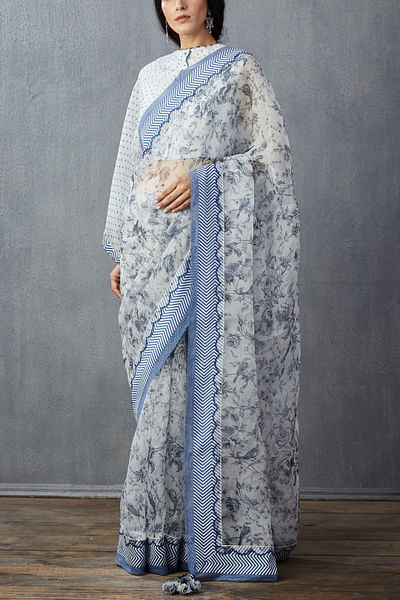 White and blue printed sari set